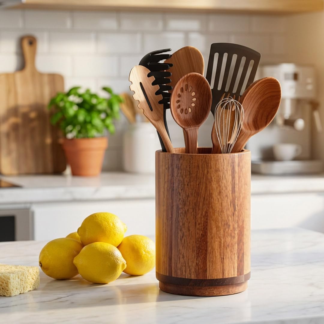 Segtenant Utensil Holder, Acacia Wood Kitchen Utensil Holder for Countertop, 360°Rotating Cooking Utensil Crock for Kitchen Counter, 7.2" Large Utensil Organizer for Spatula