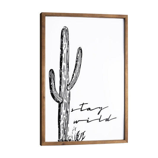 flangairy Cactus Wall Art, Wood Western Wall Decor, Black White Boho Southwestern Aztec Desert Artwork Framed, Living Room Neutral Southwest Home Decorations