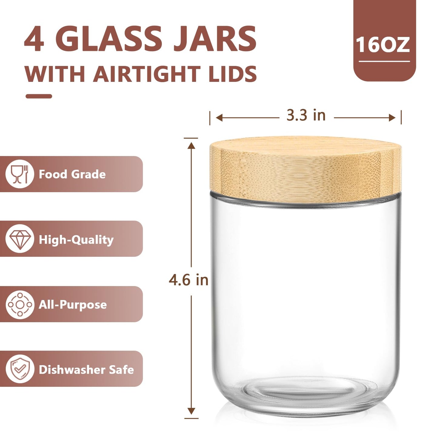 DRKIO 16 Oz Overnight Oats Containers with Bamboo Lids - 4 Pack Glass Storage Jars with Airtight Lids Wide Mouth Mason Food Jars Great for Meal Prep Salad Chia Pudding Snacks Yogurt Sugar Spice Cereal