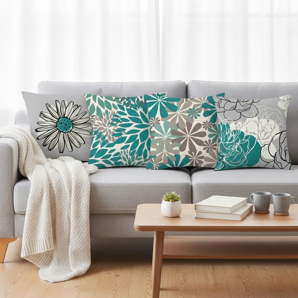 Hopomoon Green Pillow Covers 18x18 Set of 4,Gray and Green Modern Daisy Floral Pillowcases White Linen Square Cushion Covers for Living Room Sofa Bedroom