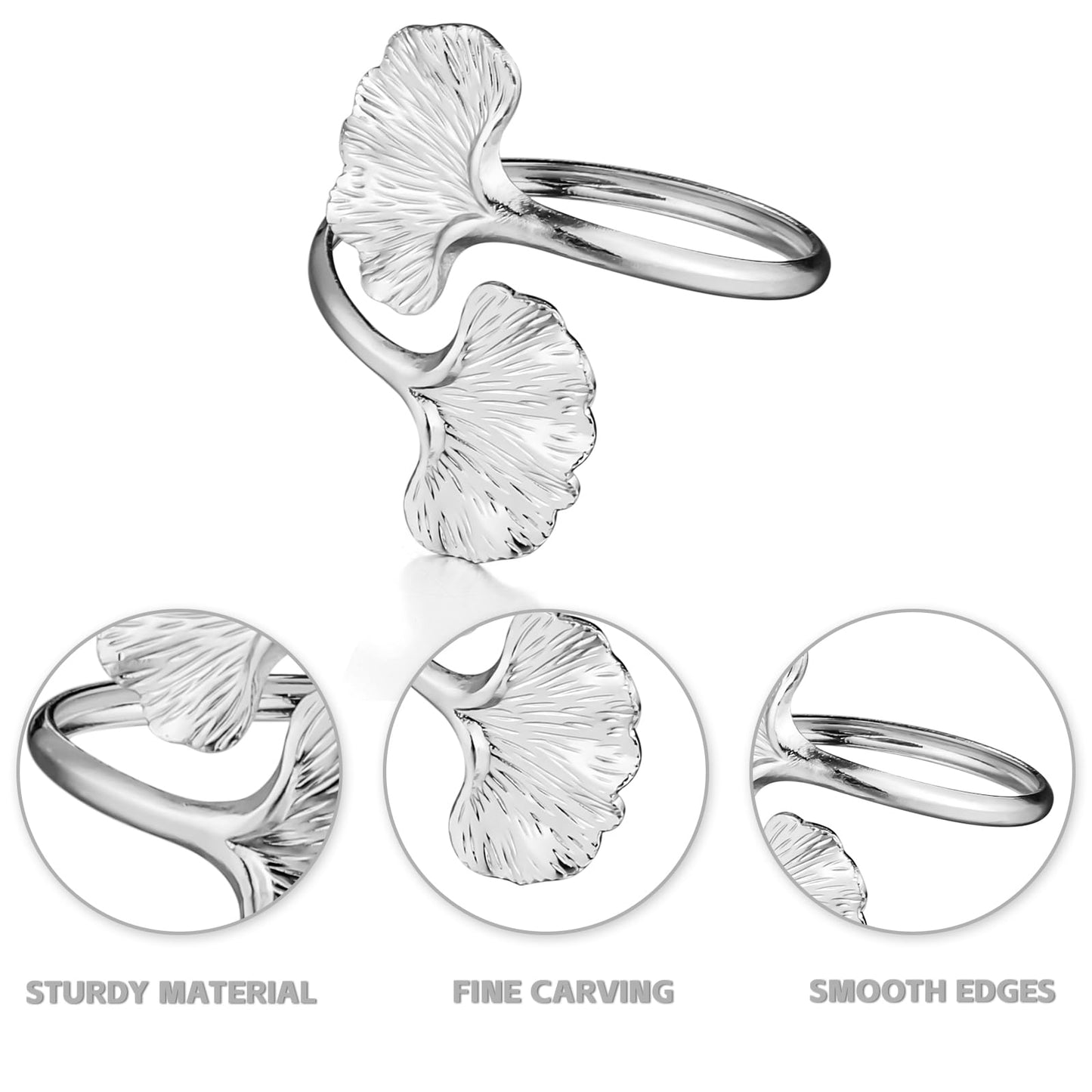 Ginkgo Leaf Napkin Rings Set of 12 Stainless Steel Gold Napkin Holder Metal Napkin Ring for Dinner Party Wedding Banquet Buffet Table (Silver, Ginkgo Leaf)