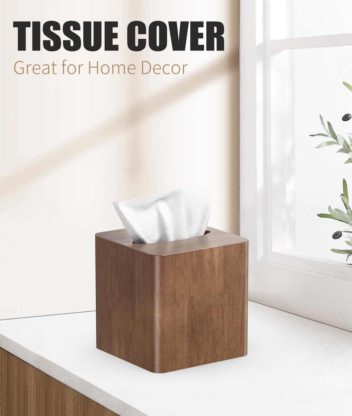 Livelab Tissue Box Cover Square - Oak Wood Tissue Box Holder for Living Room, Dinner Table, Bathroom, Office - Decorative Wooden Cube Facial Tissue Cover for Modern Farmhouse Home Decor | Brown