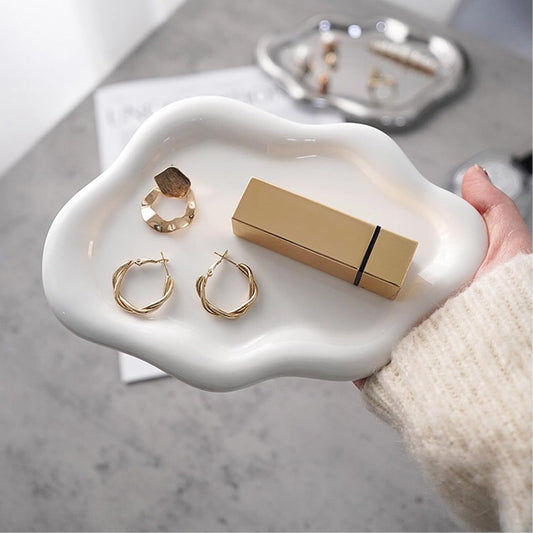 BESSKON Small Jewelry Dish for Women, Gifts for Mom, Ceramic Jewlery Tray Ring Holder, Vanity Ring Dish Cute Cloud Tray, Nightstand Decor Trinket Bowl for Earrings, Perfume, Keys, White Jewelry Plate