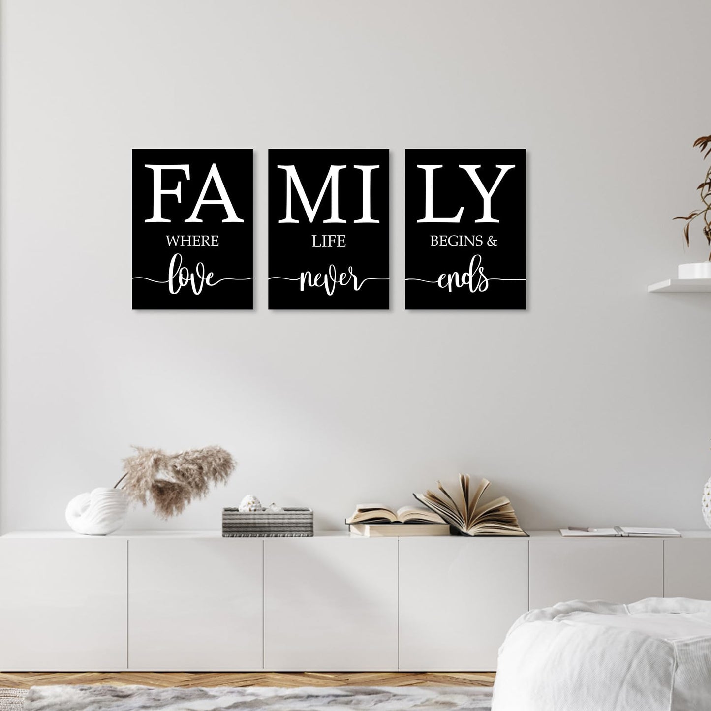 Family Where Life Begins And Love Never Ends Wall Art:3 Piece Love Quotes Wall Decor Above Bed,Modern Minimalist Family Signs Country Farmhouse Decor for Living Room Bedroom 12"x16"