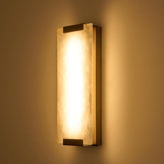 HOMLUCE 14.2in Alabaster Wall Sconce, Large Natural Marble Wall Light Decor, LED Modern Wall Lamp for Bedroom, Stairs, Living Room, Vanity, Bedside, Hallway （Brushed Bronze 12W）