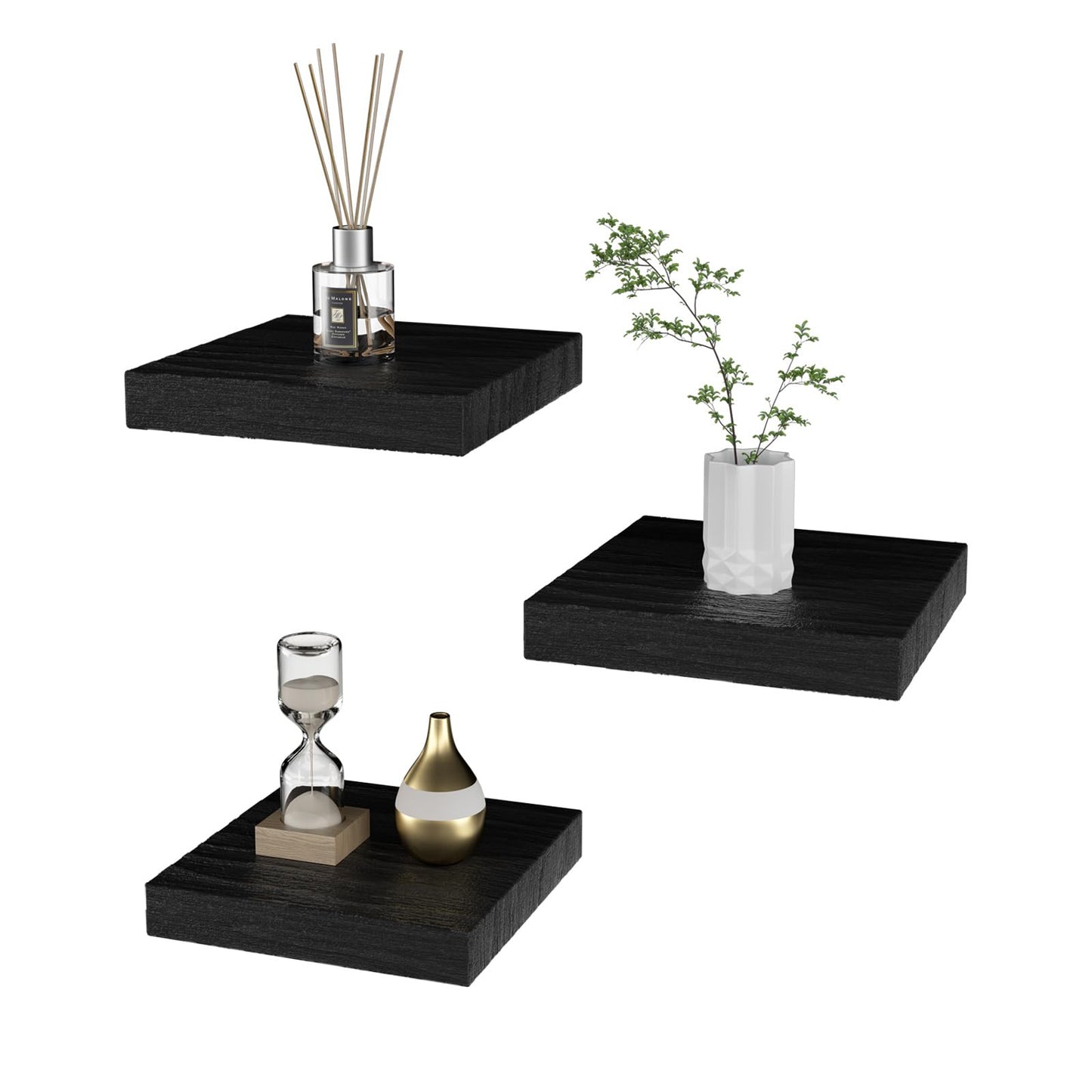 PopiShelves Small Floating Shelves for Wall - 6 Inch Mini Square Black Shelves for Bedroom, Living Room, Bathroom, Kitchen, Office Decor Set of 3