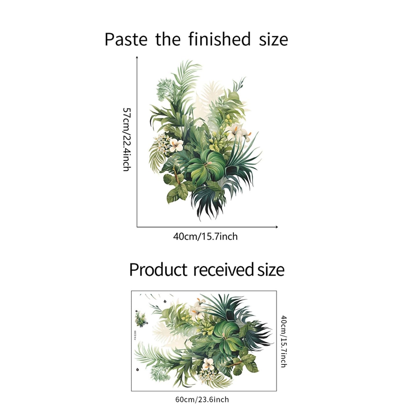 Tropical Plants Wall Decal, Peel and Stick Vinyl Stickers, Green Leaves and White Flowers, 22.4x15.7 inches