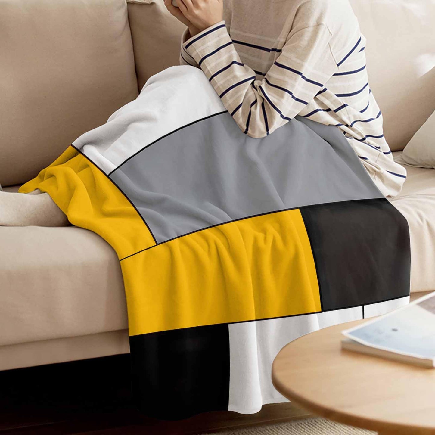 Flannel Throw Blanket Abstract Geometric Patchwork Art,Lightweight Soft Warm Fleece Blankets for Sofa Couch Bedroom,Yellow Black White Grey Cozy Fuzzy Microfiber Throws for All Seasons 30x40in