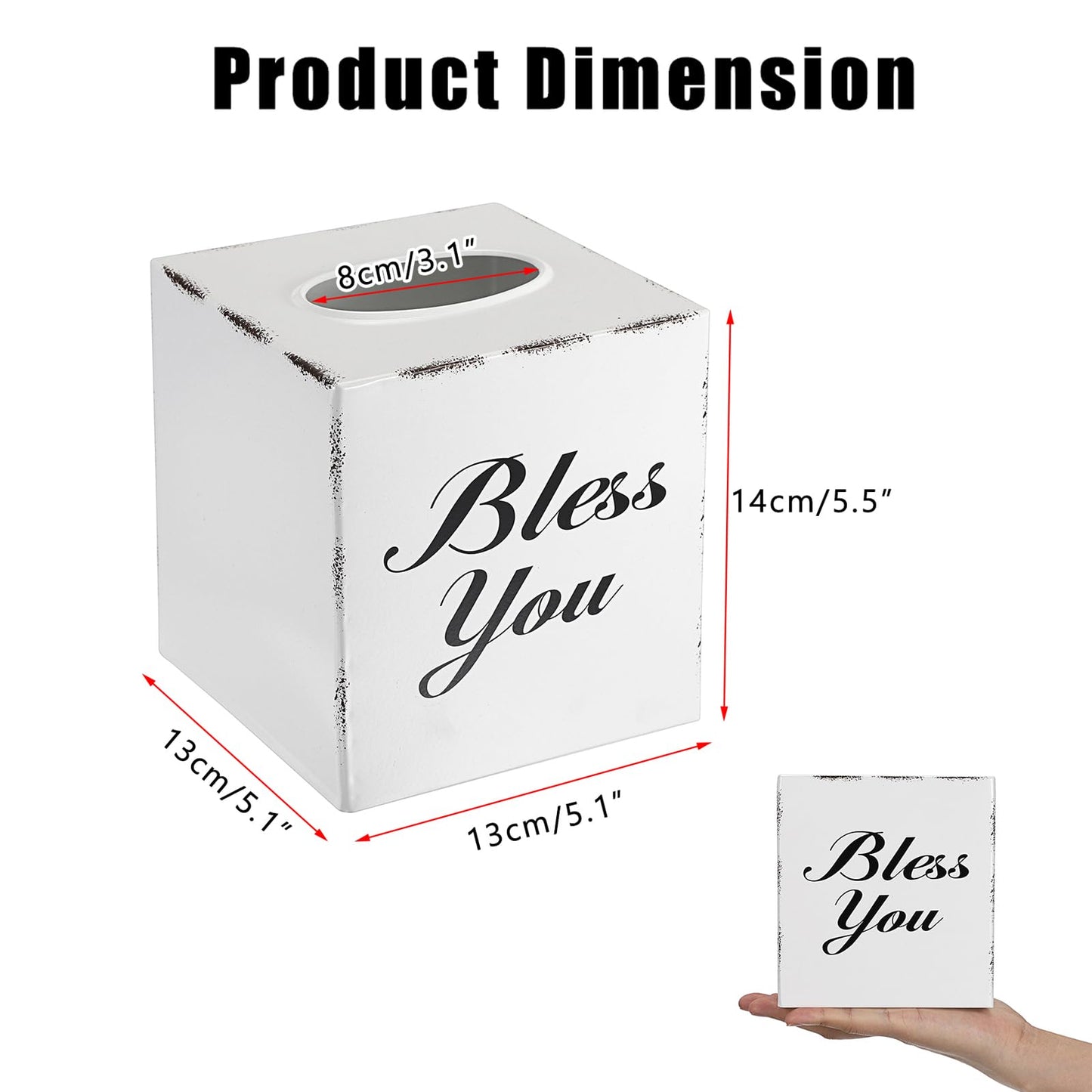 Sumnacon Tissue Box Cover Square, Bless You Tissue Holders, Decorative Tissue Box Holder Open Bottom, Cube Metal Tissue Cover for Bathroom, Bedroom, Living Room, Office, Tabletop, Gift Option, White