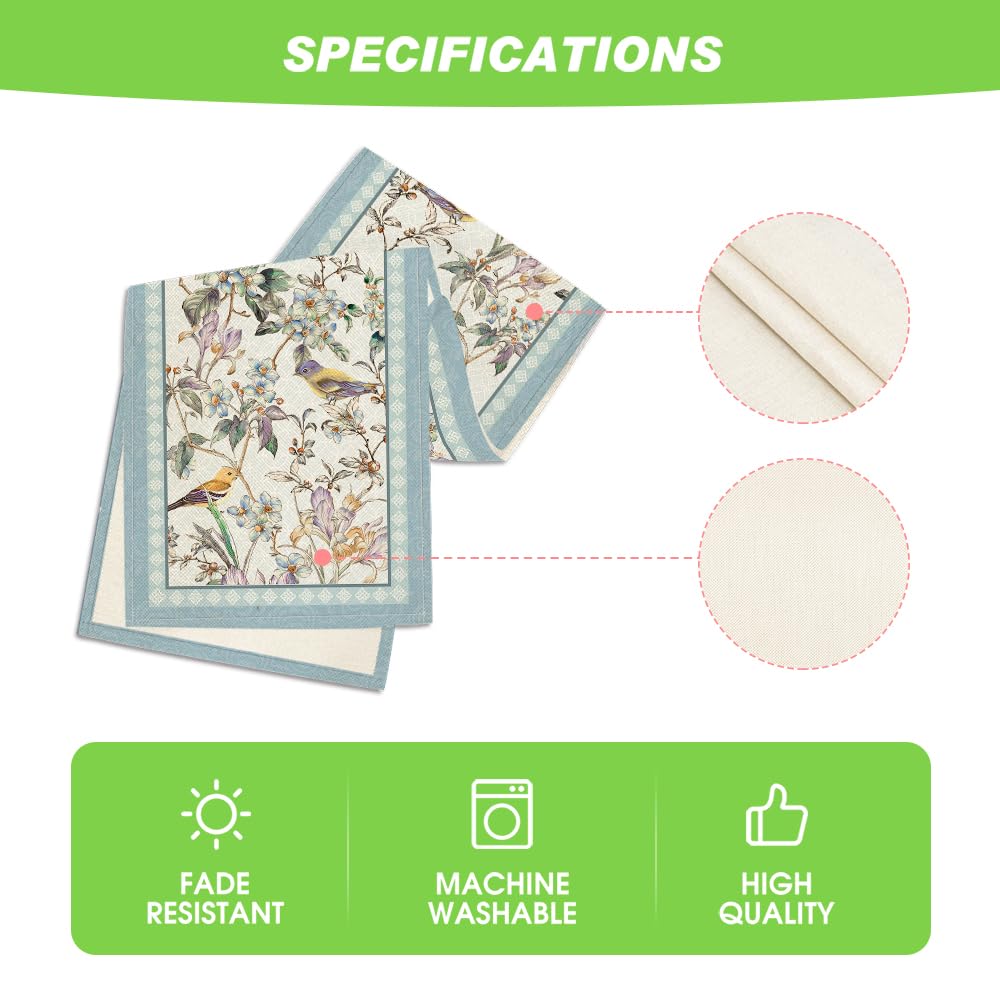 Artoid Mode Blue Birds Flowers Blossom Table Runner, Seasonal Spring Floral Kitchen Dining Table Decoration for Home Party Decor 13x72 Inch