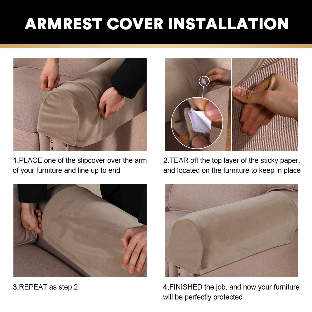 PrinceDeco 2 Pack Thick Velvet Stretch Armrest Covers for Chairs and Sofas Armchair Covers for Arms Couch Arm Cover Armrest Cover for Sofa Non Slip, Taupe