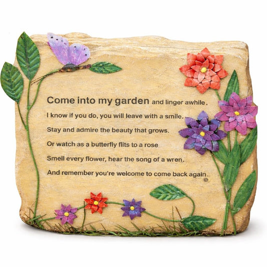 BANBERRY DESIGNS Garden Décor Decorative Rock – “Come Into My Garden” Engraved Stone with Butterfly & Floral Design – Outdoor Garden Decoration, Memorial Garden Accent, Yard Art – 9.5" x 8.5"