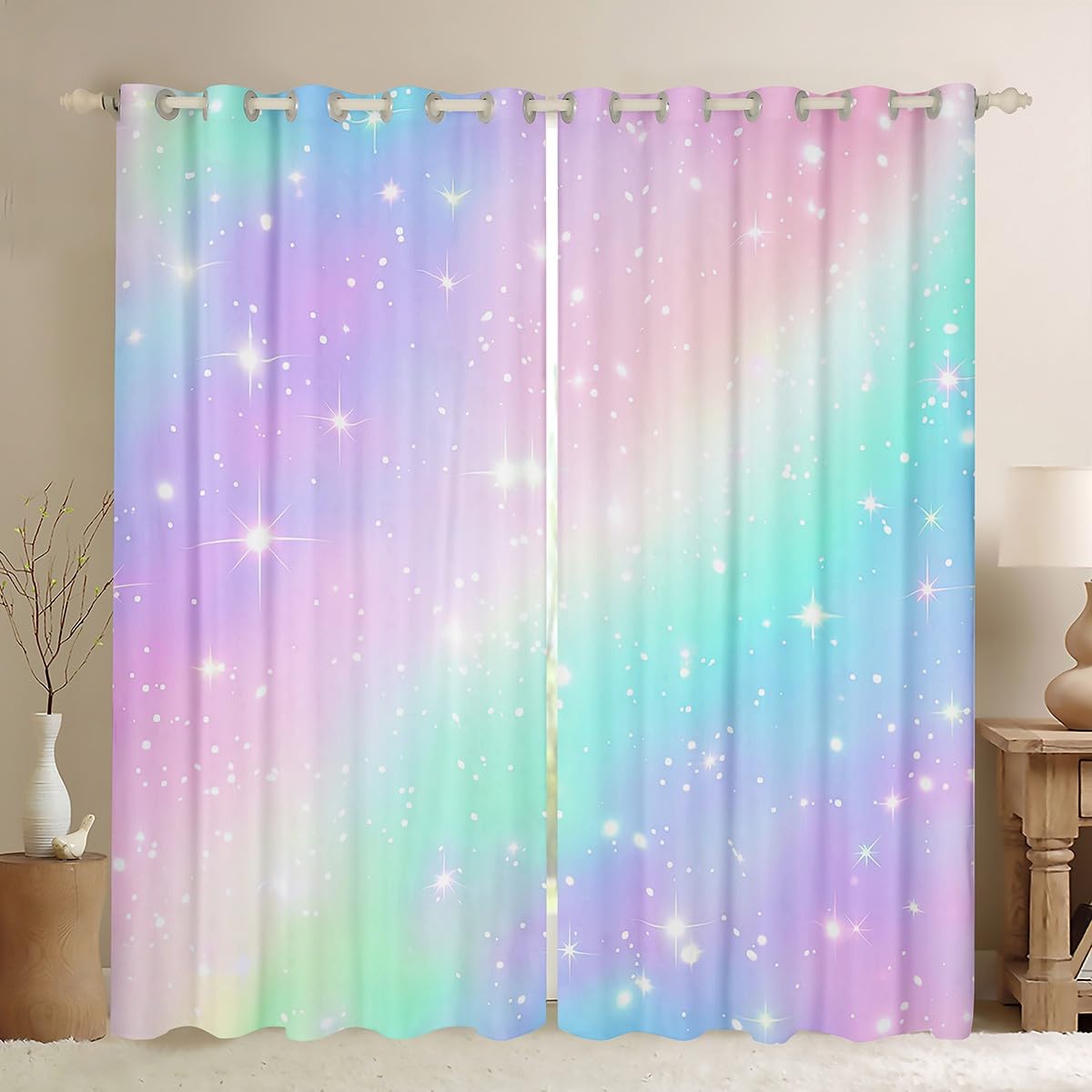 Erosebridal Ombre Blackout Curtains Tie Dye Gradient Darkening Curtains Girl Batik Pink Purple Blue Window Treatments Rainbow Iridescent Window Drapes 38"x45",2 Panels