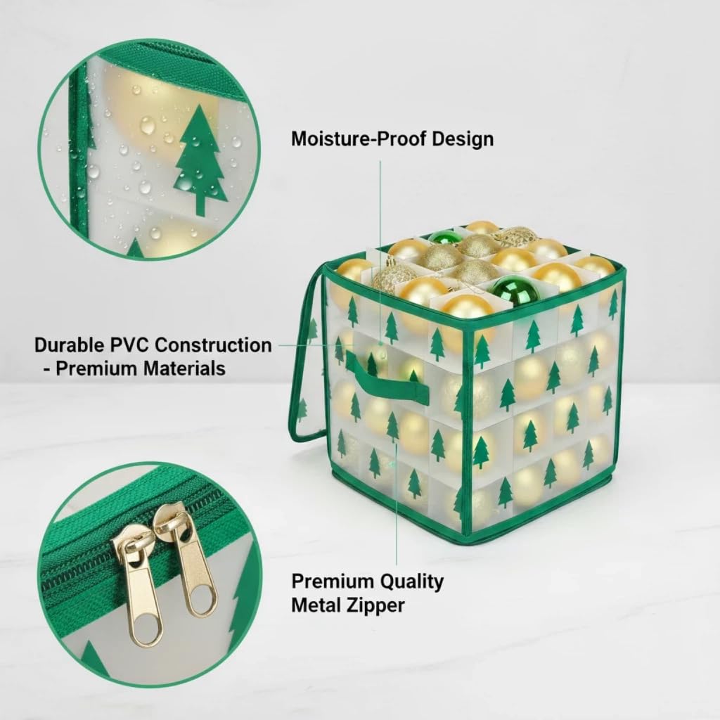Christmas Ornament Storage Box, Christmas Tree Ornament Organizer, Hard Plastic Storage Container with Dividers, Clear Design Waterproof Case for 3" Seasons Balls
