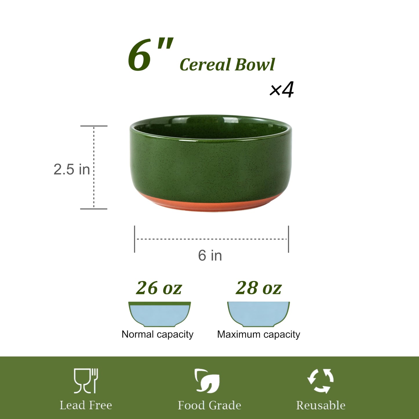 Shrynxal 26 OZ Cereal Bowl,6 Inch Ceramic Bowl Sets for 4,Suitable for Breakfast, Soups, Oatmeal, Ramen, Pho, Udon and Ssoba,Dishwasher & Microwave Safe, Handcrafted Bowls Sets,Elegant Green