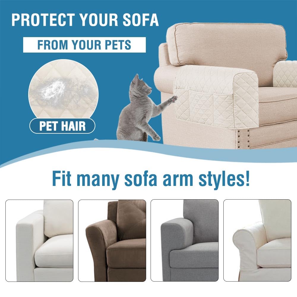 KPPKOU 2 Pack Water Resistant Armrest Covers for Chairs and Sofas Couch Arm Covers for Sofa with 3 Pockets for Phone Sofa Arm Protector Washable for Pets, Cats (Ivory)