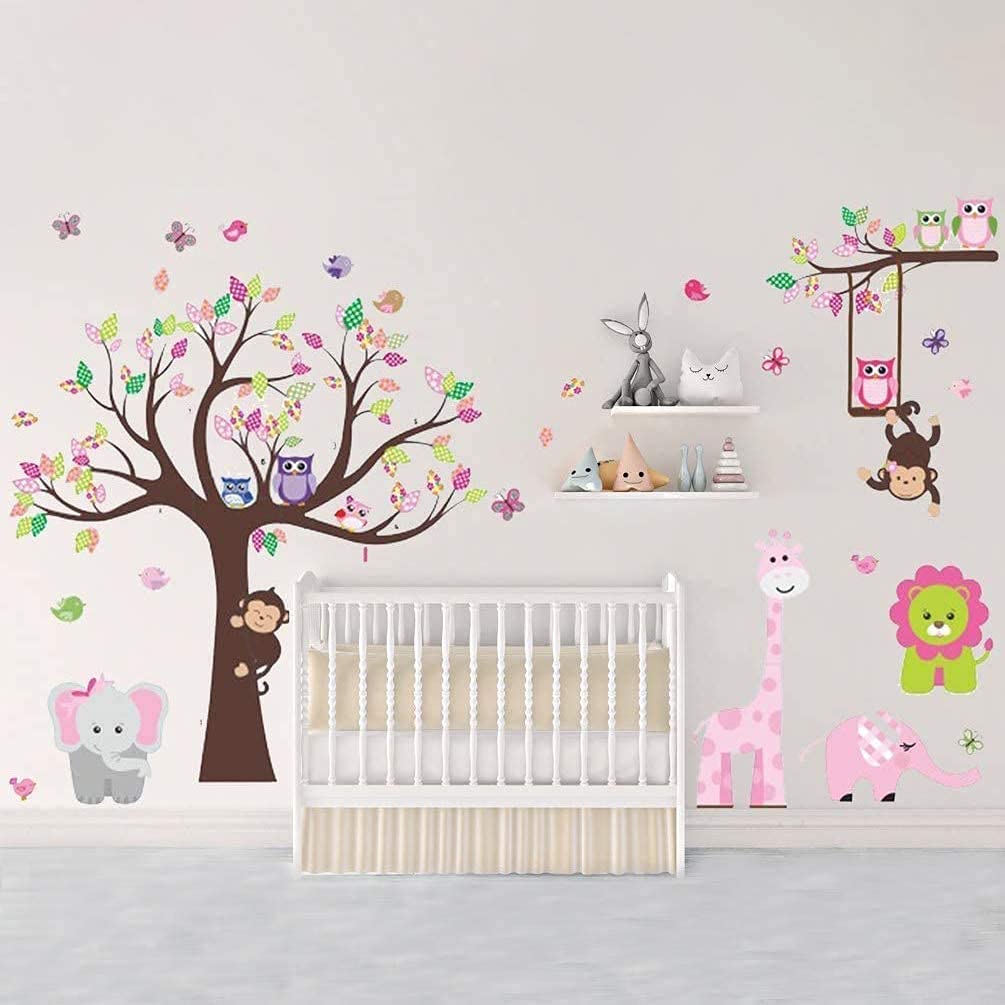Amaonm Jungle Animal and Tree Wall Decals Removeable DIY Flower Lion Giraffe Owls Wall Sticker Peel and Stick Wall Decor for Nursery Kids Room Bedroom Living Room (B)