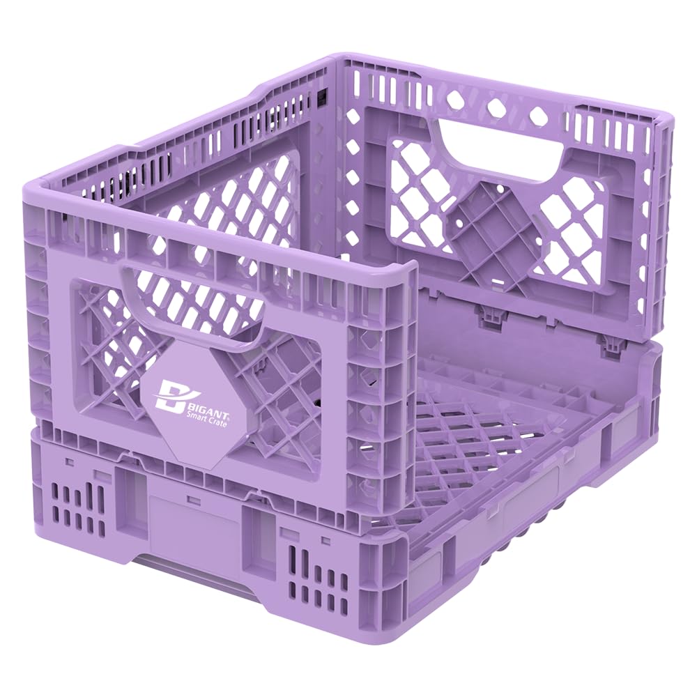 Bigant Heavy Duty Collapsible & Stackable Plastic Milk Crate - Snap Lock Foldable Industrial Garage Storage Bin Container Utility Tote Basket (Purple, 1 Small Crate)