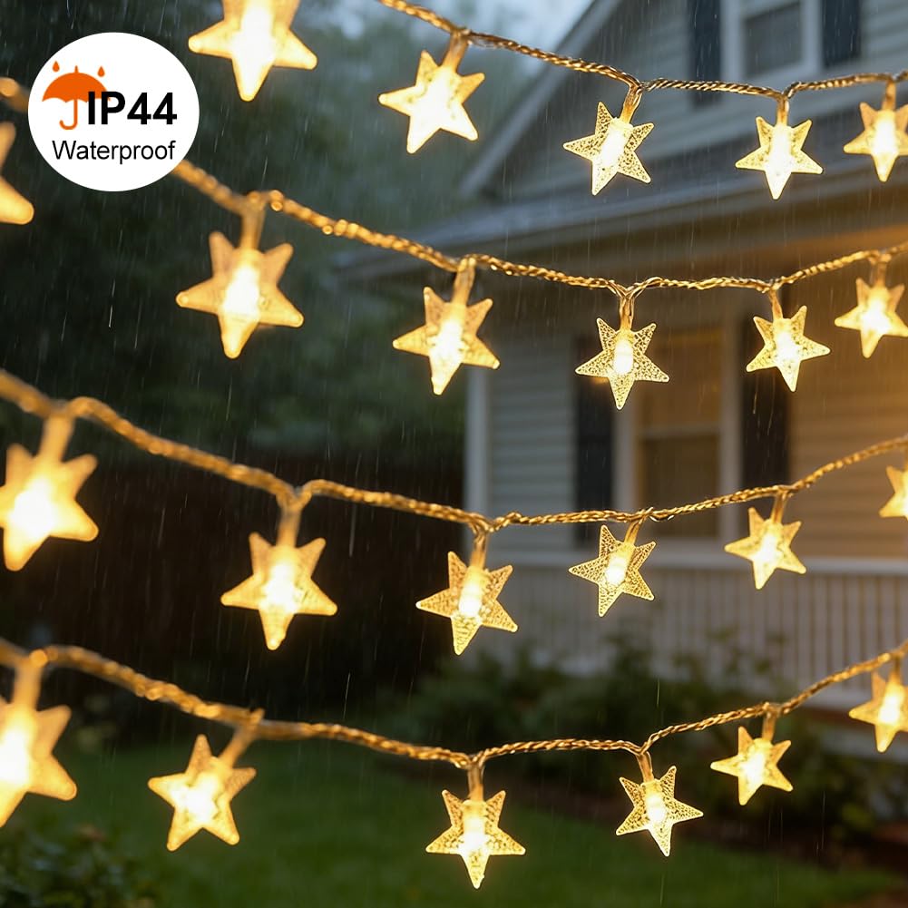 RaThun 49.2ft Warm White Star String Lights, 100 LED with 16ft Extended Lead Wire & Remote, 8 Modes, IP44 Waterproof Plug in Linkable Lights for Outdoor Indoor Party Wedding