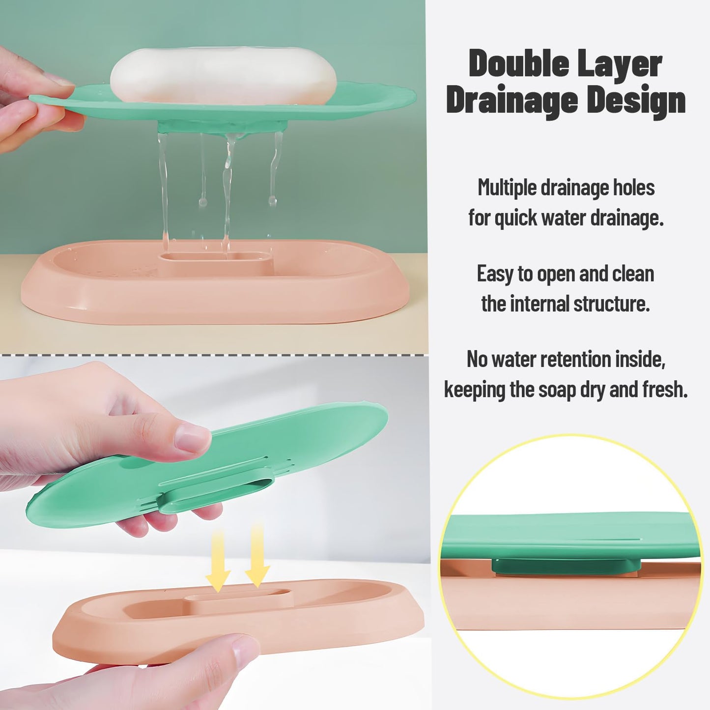 Shaineko Self-Draining Soap Dish for Shower - Bar Soap Holder with Drainage Holes, Wall Mounted, Non-Slip Weighted Base, Removable Tray for Bathroom Sink or Shower Ledge(Green & Pink)