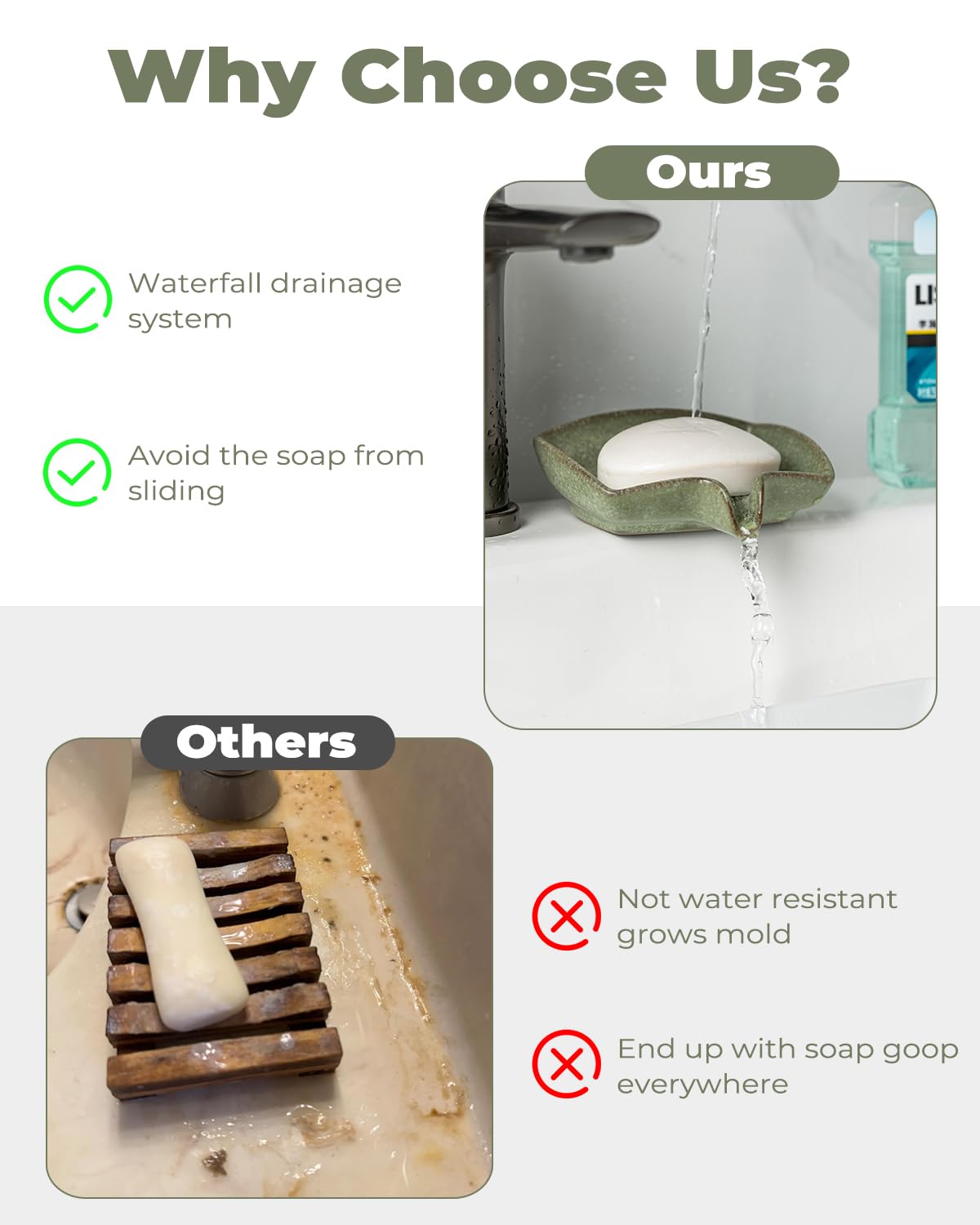 Self Draining Soap Dish, Ceramic Drain Soap Holder Waterfall Design Soap Saver for Shower, Bathroom, Sink, Kitchen and Countertop, Keeps Dry, Green