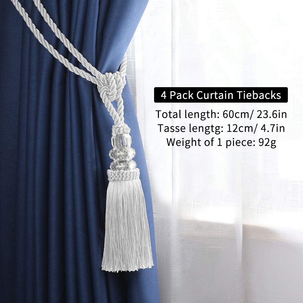 BEL AVENIR 2 Pack Curtain Hand-Woven Tiebacks Crystal Holdbacks Home Decorative (White, 2 Pack)