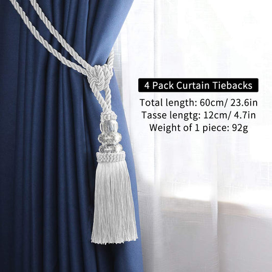 BEL AVENIR 2 Pack Curtain Hand-Woven Tiebacks Crystal Holdbacks Home Decorative (White, 2 Pack)