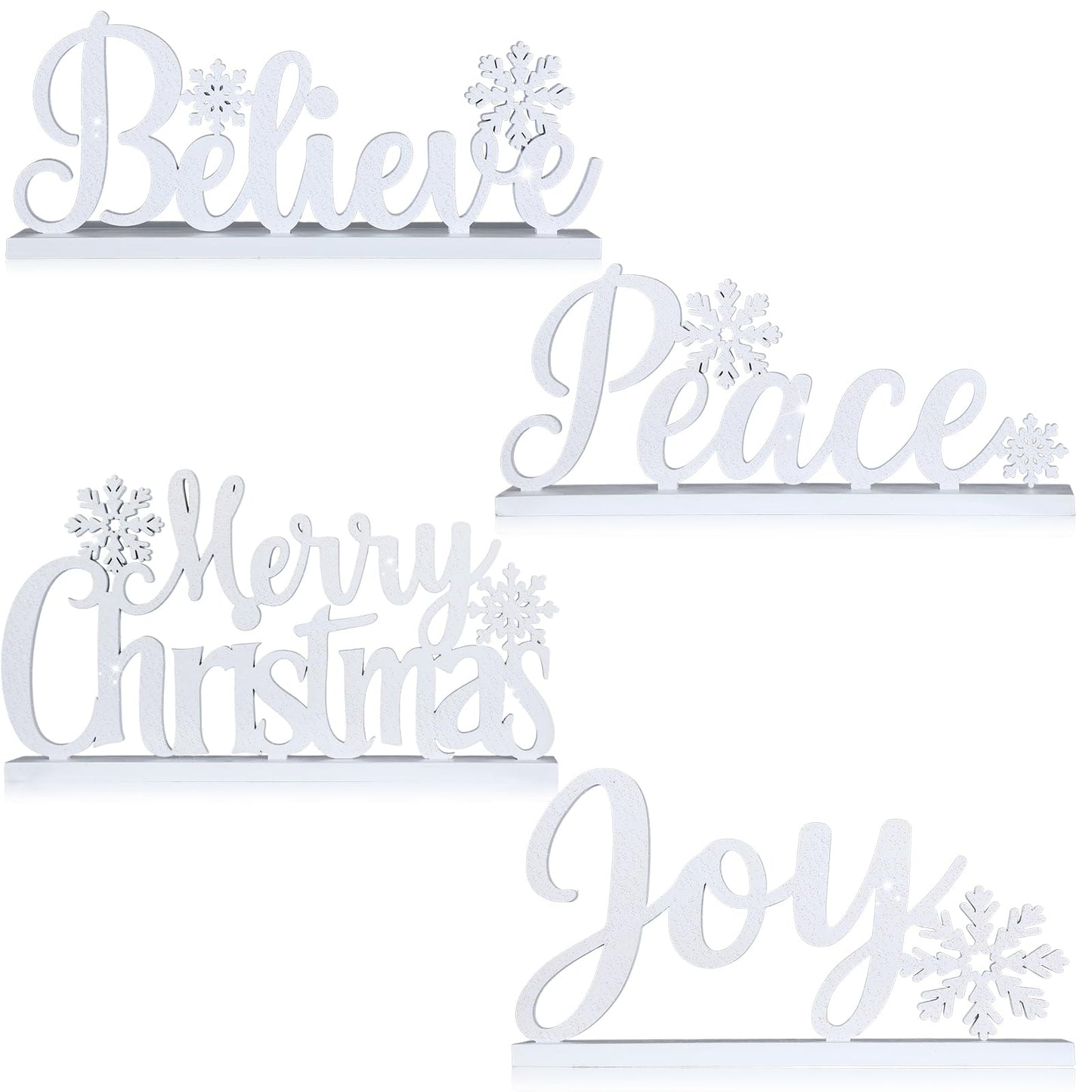 Roowest 4 Pcs Wooden Christmas Table Sign White Merry Christmas Table Decor Elegant Joy Wood Cutout with Glitter Tabletop Believe Peace Words Centerpiece for Mantle Tiered Tray Shelf Xmas Party Decor