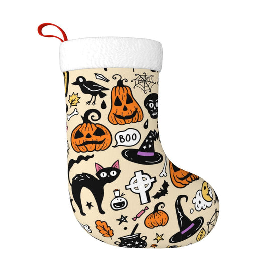 Halloween Cat Pumpkin Christmas Stockings Hanging Decoration Stockings 17.7 Inch Xmas Stockings for Fireplace Family Party Holiday Decor 1PCS