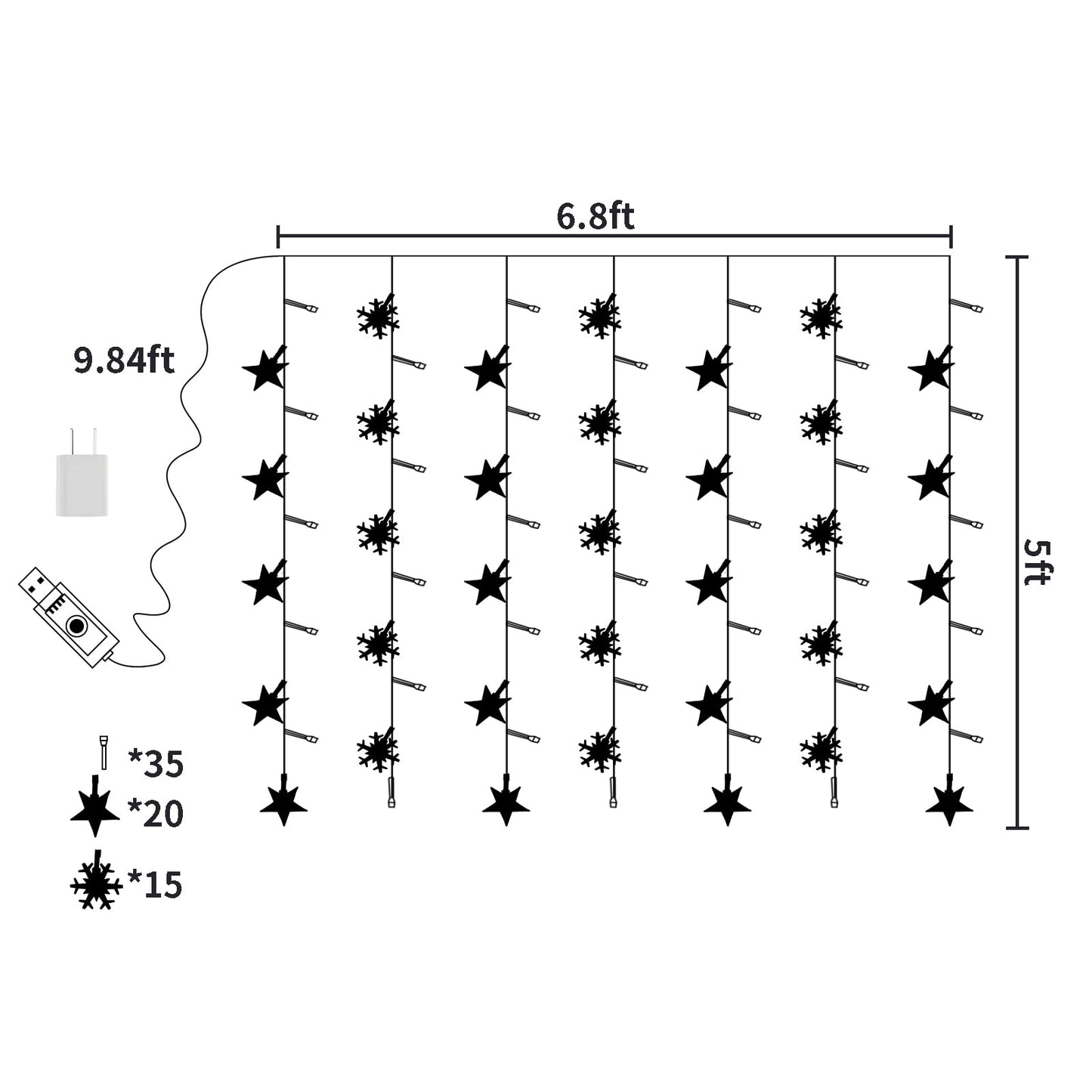 Newhale 8 Modes Christmas Curtain String Lights with Snowflake and Star, USB Plug in Wall Lights Christmas Decorations Indoor, Xmas Window Light Decor, Warm White