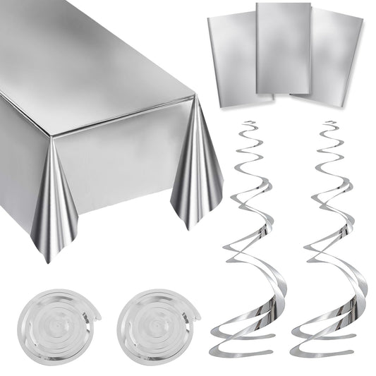 BLMHTWO 3Pcs Silver Foil Tablecloth and 30Pcs Hanging Swirl Decorations, 54 * 72in Disposable Plastic Table Cover Ceiling Swirl Spiral Hanging Streamers for Party Baby Shower Wedding Birthday