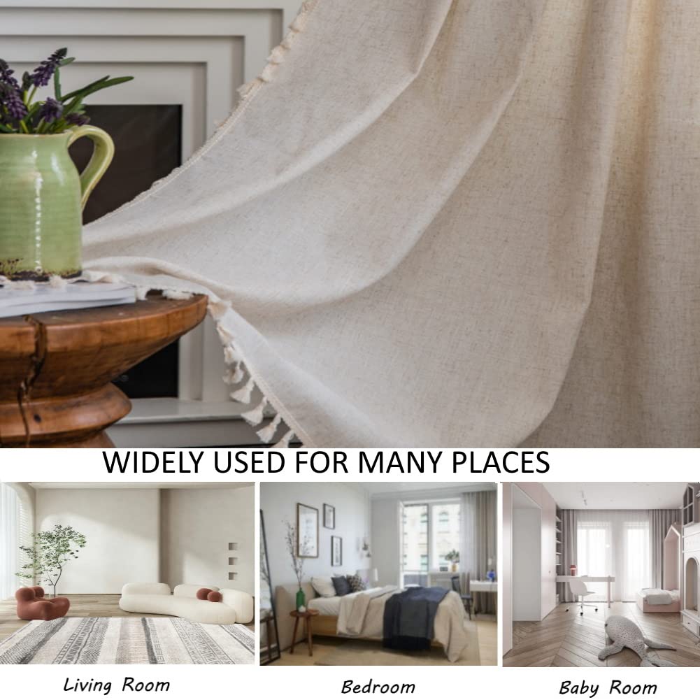 AMZALI Cotton Linen Textured Curtains with Tassel Semi-Blackout Drapes Farmhouse Window Curtain Panels Rod Pocket Curtain for Living Room Bedroom One Panel 84 Inch Length