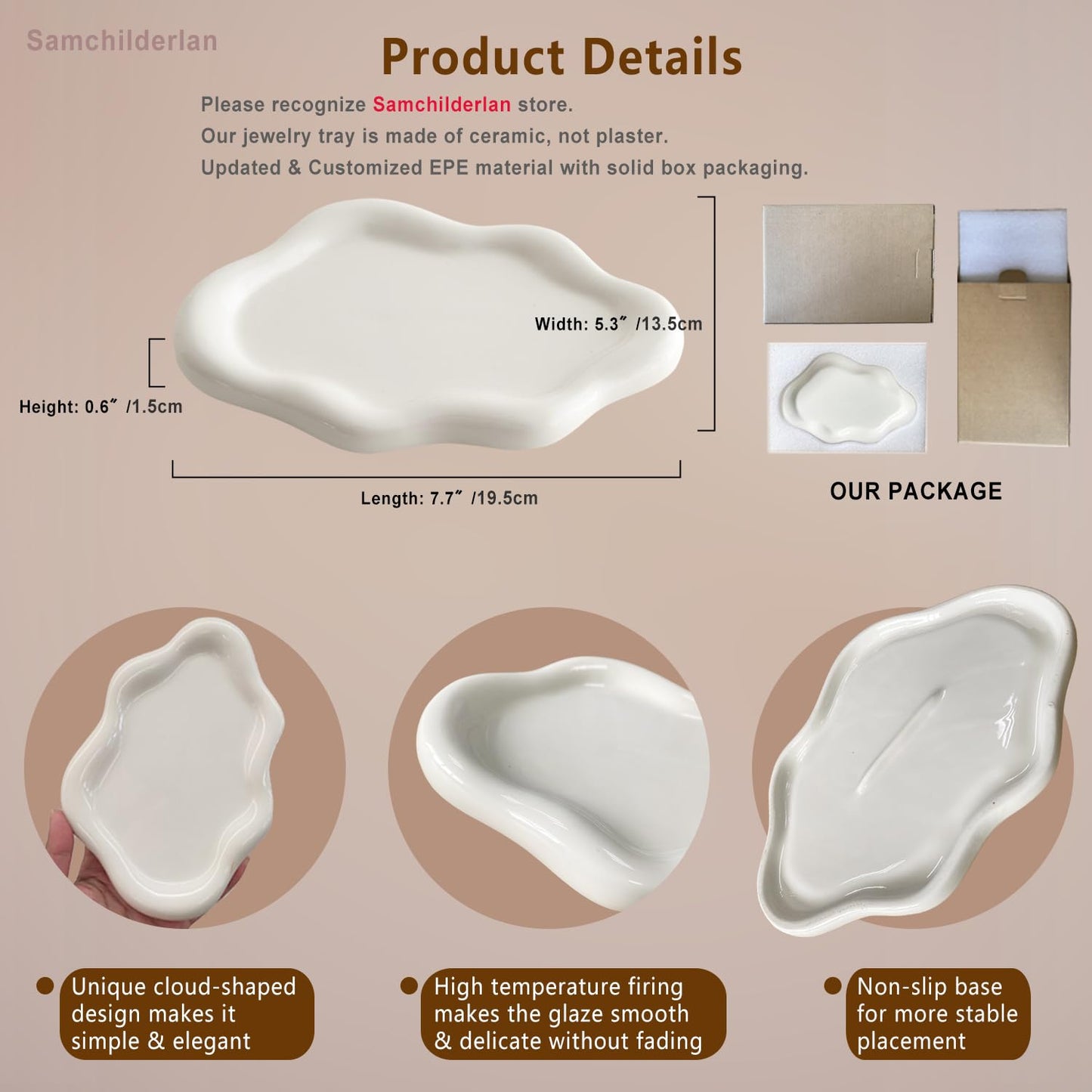 Ceramic Jewelry Dish for Women, Jewelry Tray Trinket Dish, Irregular Cloud Shape Ceramic Plate, Watch Keys Tray Ring Dish Holder for Mother's Day/Christmas/Thanksgiving/Birthday Gift(White)