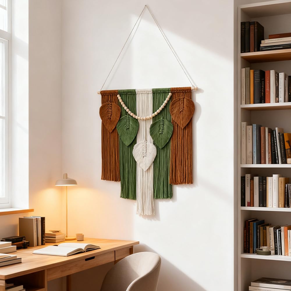 Jditngp Macrame Wall Hanging Boho Leaf Woven Tapestry,Bohemian Chic Home Decor Handmade Leaves Feather Tassel Wooden Bead Pendants Wall Art Decorations for Bedroom Living Room Apartment 23.6"WX43.3"L
