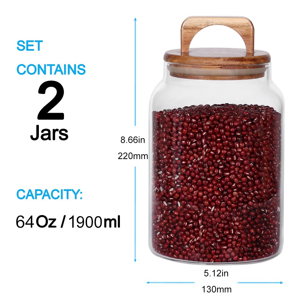 SAIOOL Canister Set of 2, Glass Kitchen Canisters with Airtight Acacia Lid, Tall Clear Airtight Food Storage Jar, Kitchen Pantry Storage Container for Noodles Flour Cereal Coffee