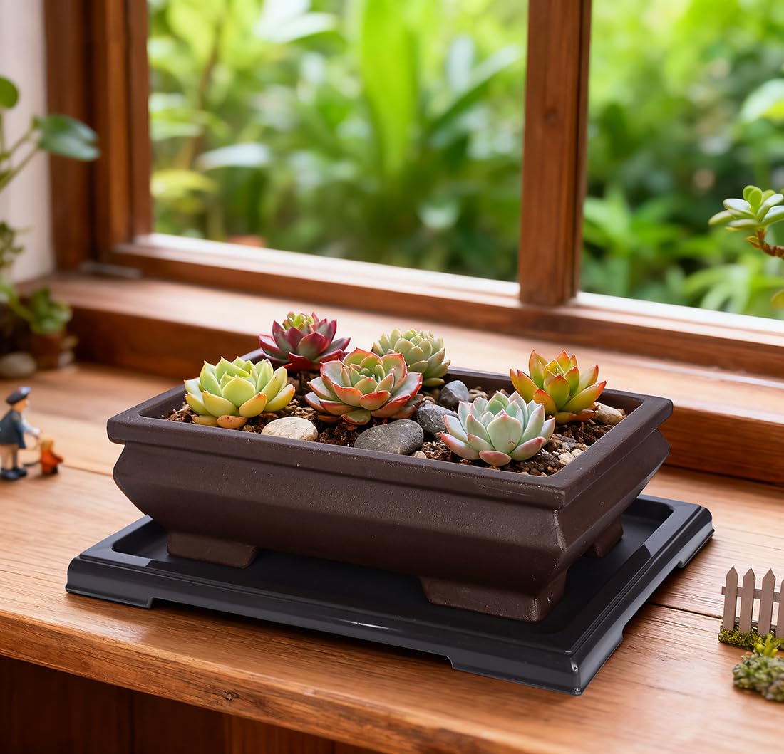 MUZHI Unglazed Ceramic Bonsai Pot with Drainage Tray, Rectangle Vintage Brown Bonsai Planter with 4 Raised Feet for Juniper Maple, Succulent Planter Pot with Drip Tray (Elegant Rectangle)