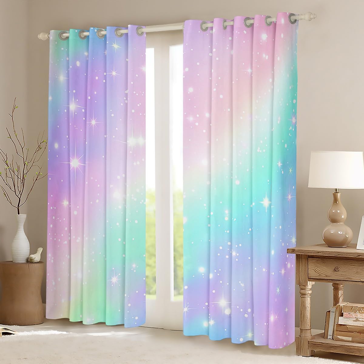 Erosebridal Ombre Blackout Curtains Tie Dye Gradient Darkening Curtains Girl Batik Pink Purple Blue Window Treatments Rainbow Iridescent Window Drapes 38"x45",2 Panels