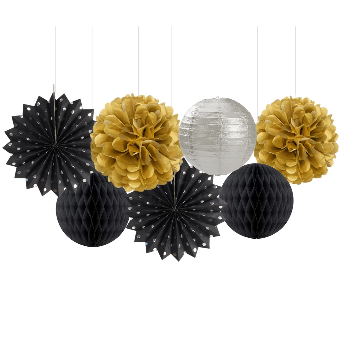 Black Gold Silver Party-Decorations Streamers-Lanterns - 14pcs Graduation 2026 Paper Fan,Tissue Flower Pom Poms Streamers,Honeycomb Balls,Men Birthday Wedding Baby Bridal Shower Decor Ouruola