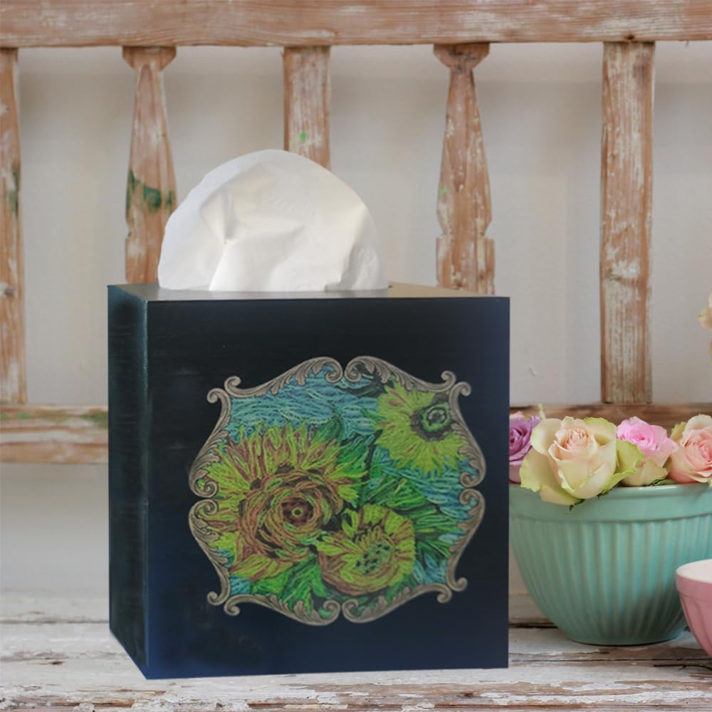 TAIANLE. Rustic Wooden Tissue Box Cover Square, Floral Sunflower Model Facial Tissue Holder, Wood Flower Box Cover Square Cube for Bathroom Bedroom Dinner Decro