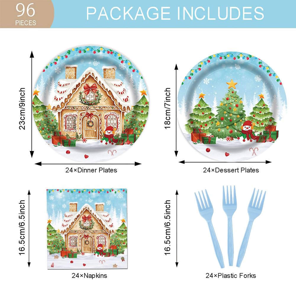 Fitumiw 96Pcs Gingerbread House Party Tableware Supplies Merry Christmas Cartoon Candy House Snowman Plates and Napkins Christmas Trees Winter Wonderland Party Set Decorations Serve 24 Guests