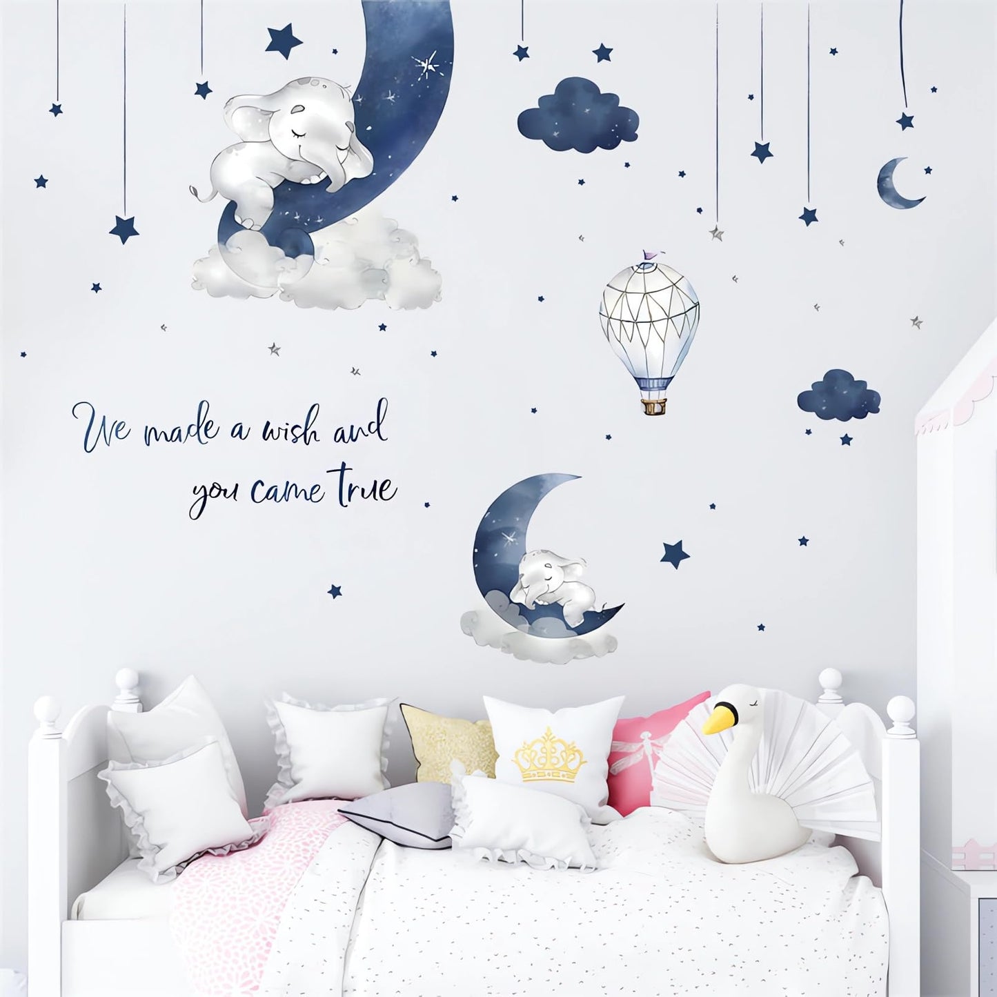 Dream Blue Grey Sleeping Baby Elephant Wall Sticker, sacinora Moon Star Cloud Warm English Phrase Wall Decal Removable Vinyl Peel and Stick for Kid Baby Boy Nursery Bedroom Toddler Room Art Home Decor
