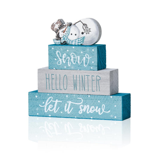 Smile 4 Pcs Christmas Signs, Wooden Tabletop Decor, Let It Snow Hello Winter, Ornaments for Home Shelf Mantel Fireplace.