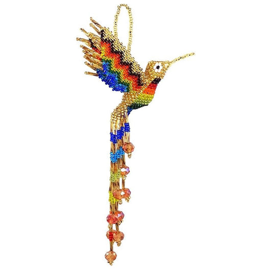 Spirit of Nature - Hummingbird Decor Hanging Figurine | Bird Figurines Home Decor | Ornament Czech Glass Seed Bead Decorative Hanging Ornaments - Handmade Decoration (Gold/Rainbow)