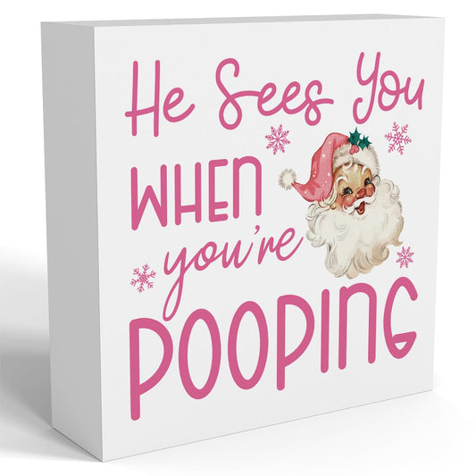 Funny Christmas Bathroom Decor, Pink Christmas Decoration, Funny Gift Decorations for Bathroom, Wooden Box Sign for Home Farmhouse Office Living Room Table Shelf Tiered Desk Decor