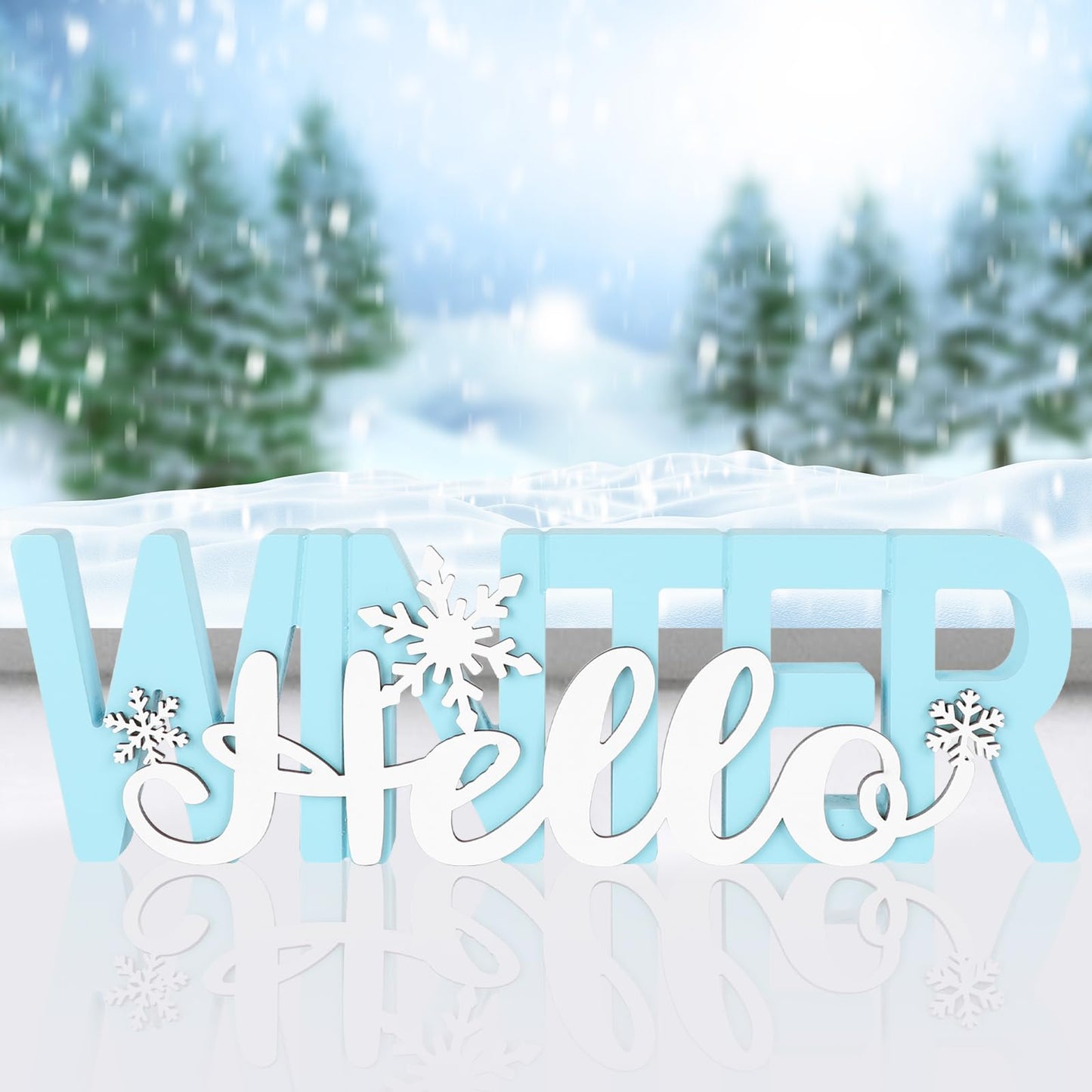 COCHIE Wooden Hello Winter Sign, Holidays Snowflake Decorations for Home, Office, Shelf, Mantel, Indoor, Wood White Snowflake Decor, Blue Table Top Party Supplies Decoration (Winter)