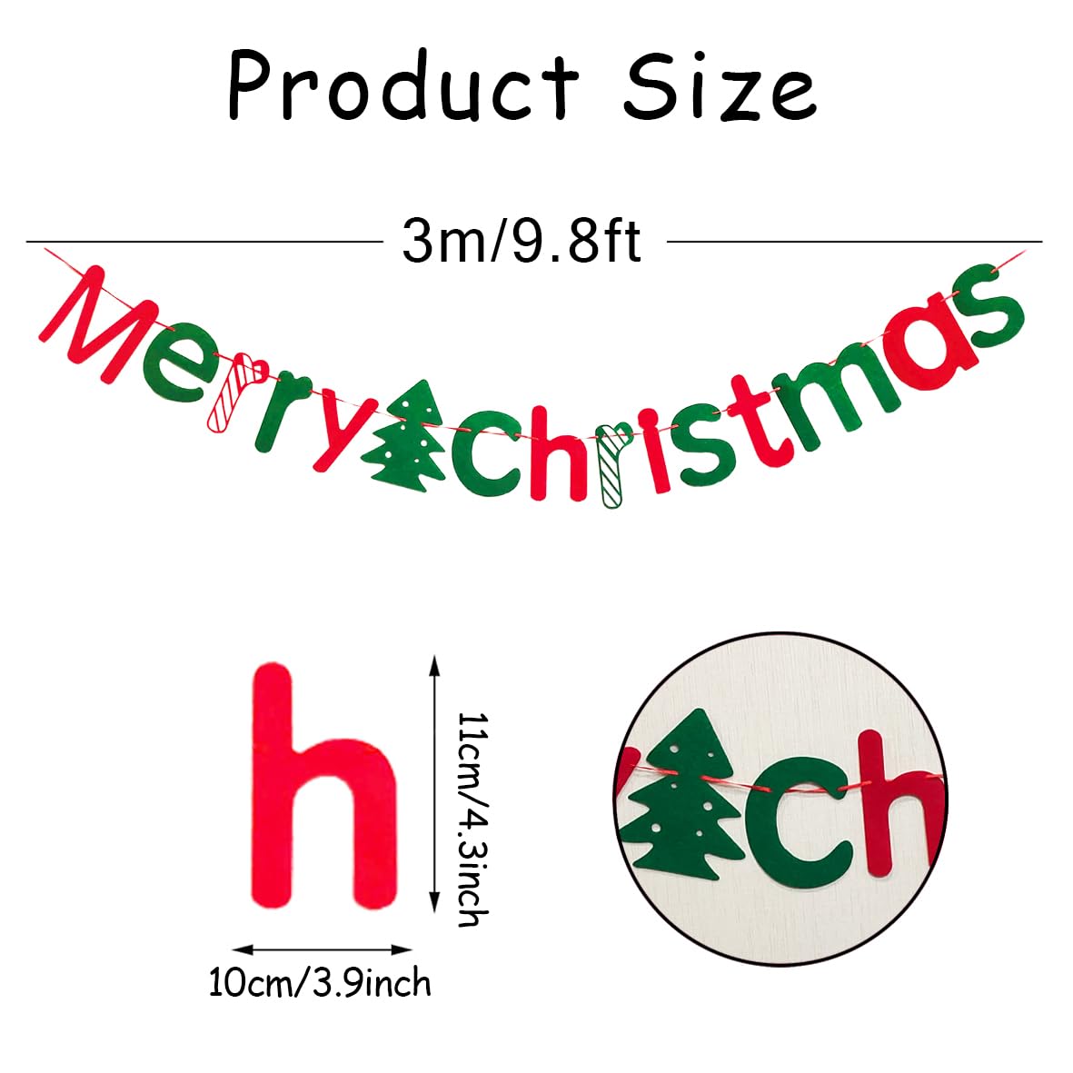 JSDJ Merry Christmas Banner with Christmas Tree Red Green Wool Felt Garland Happy Holiday Decoration Indoor Cute Hanging Decor for Mantel Fireplace Wall, Kids Bedroom, Living Room,Party Supplies