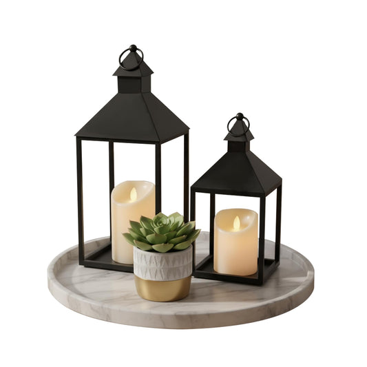 Sunnyfuture Lantern Decorative Outdoor/Indoor Set of 2 (15" & 11") Black Metal Candle Lanterns with Flameless, Farmhouse Decoration for Home, Porch, Garden, Mantle, Wedding