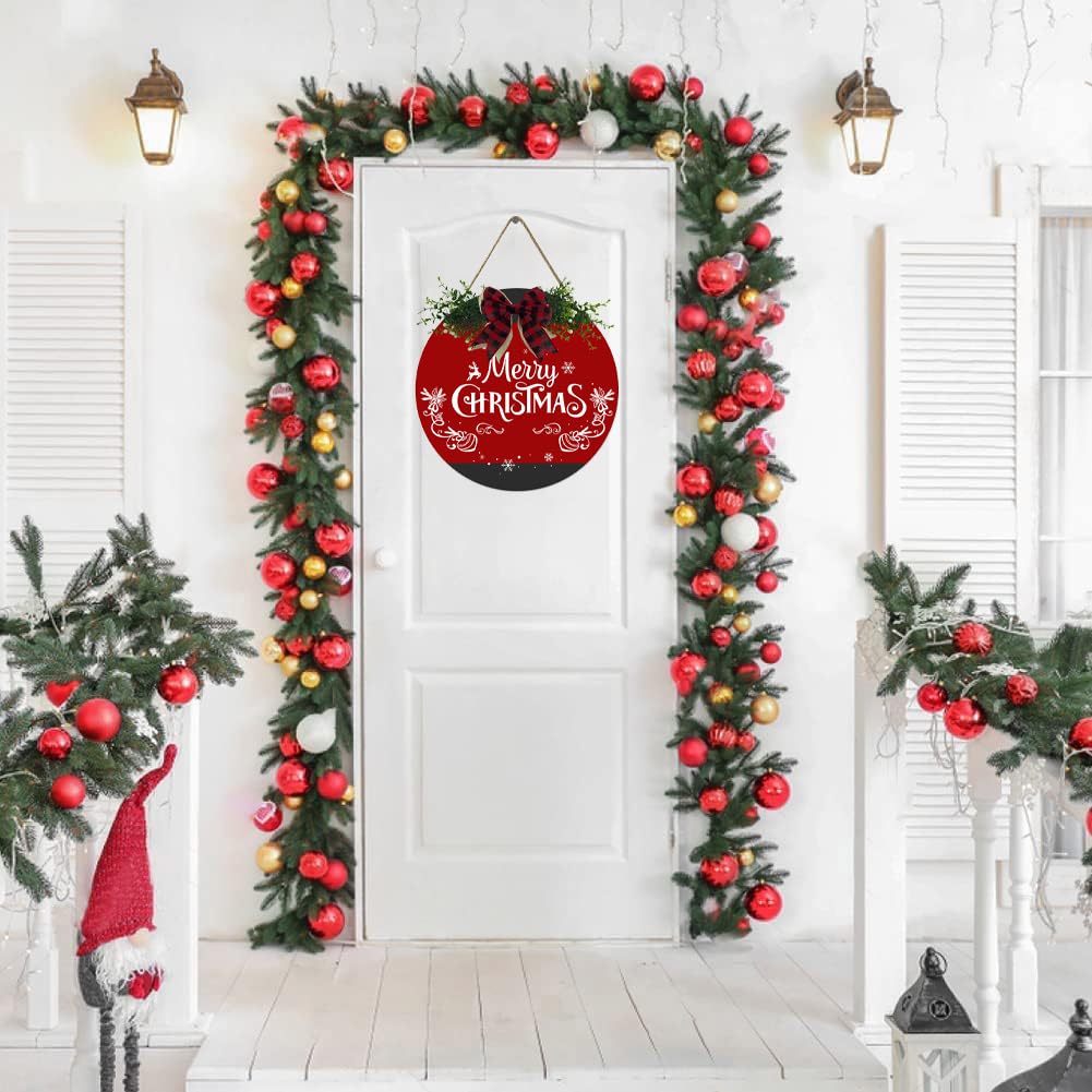 Fenarenes Christmas Welcome Sign for Front Door Decorations Hanging - Christmas Round Wood Sign with Bow for Farmhouse Outdoor Wall Home Decor 12x12 In