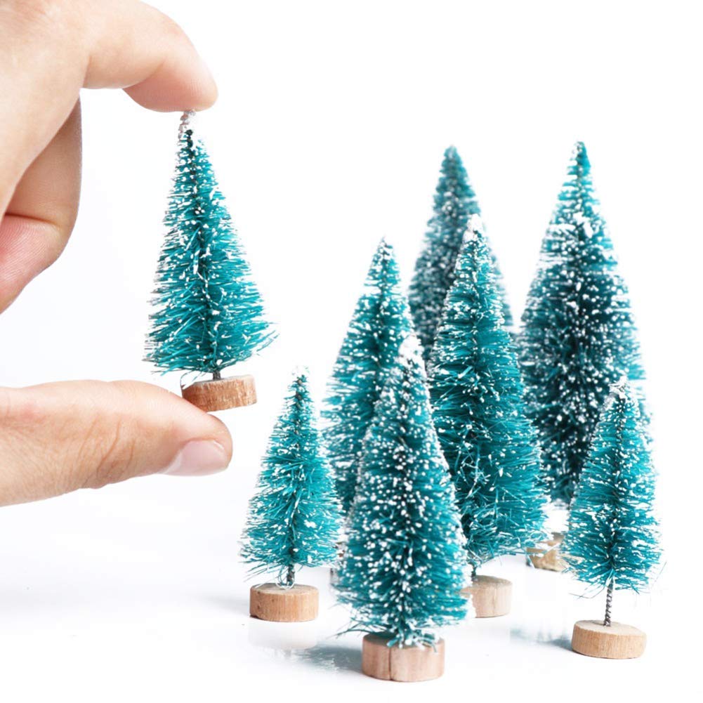 Artificial Mini Sisal Christmas Trees Snow Frost with Wooden Bases for Home Party Decoration Ornament DIY Craft (Blue-Green, 20 pcs)