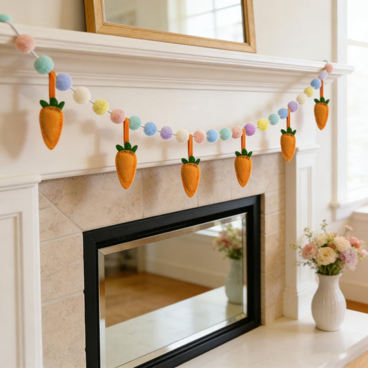 Easter Garland for Spring Party Decorations, 2 Pack 6.5FT Pastel Pom Poms Garlands with Handmade Felt Carrots Hanging for for Mantle Fireplace Wall Tree Indoor Garden Outdoor Easter Banner Decor